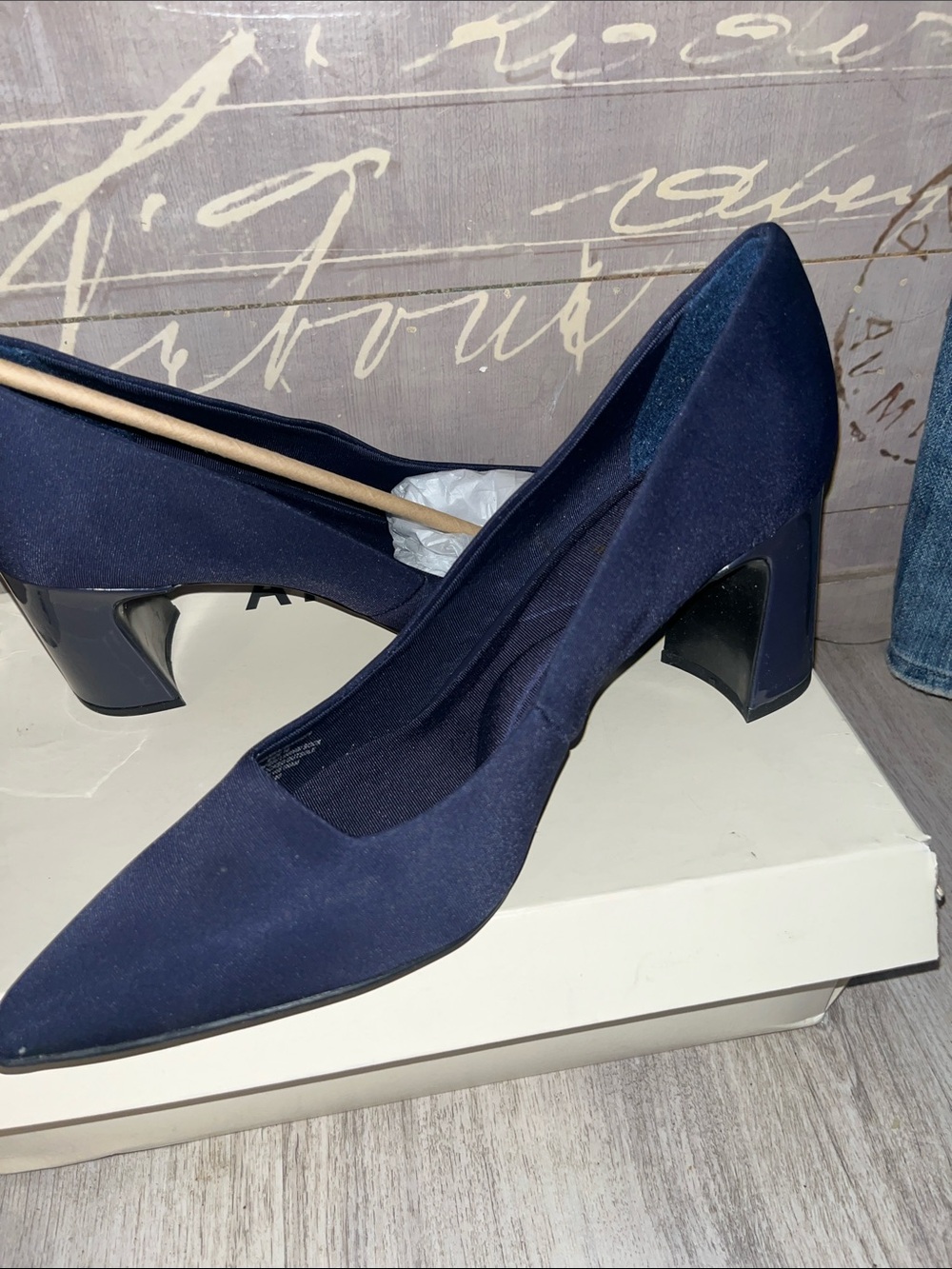 Anne Klein Navy Pointed Block Heel Pumps - Picture 2 of 9